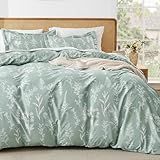 MUXHOMO Duvet Cover Queen Size, Reversible Floral Green Duvet Cover Set with Zipper Closure, 3 Pieces Botanical Patterns Soft Microfiber Bedding Set with 4 Ties (90"x90", 2 Pillow Cases)