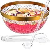NiHome Plastic Punch Bowl with Ladle and Tong for Parties, Weddings, BBQs, 1.4 Gallon Gold Trim Clear Beverage Serving Bowl Complete Set for Cocktails, Salads, Snacks, Easy to Clean
