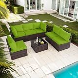 TIMSATIO 7-Piece Outdoor Patio Furniture Set with Rattan, Wicker Sectional Couch Sofa Set for Balcony, Porch & Courtyard, Comfortable Cushions & Tempered Glass Table (Green)