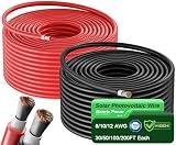 Bateria Power Solar Panel Wire 50Ft Black and 50Ft Red Kit, 10AWG (6mm²) Solar Panel Extension Cable PV Tinned Copper Wire for Outdoor Home Off-Grid Photovoltaic Systems Automotive RV Boat Marine