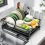 Epicano Dish Drying Rack for Kitchen Counter,Space-Saving Dish Rack,Rustproof Dish Drainer with Utensil Holder and Knife Slots for Sink,Kitchen Drying Rack with Wooden Handle and Cup Holder, Black