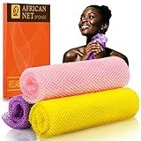 UJFQBH 3 Pieces African Bath Sponge African Net Long Net Bath Sponge Exfoliating Shower Body Scrubber Back Scrubber Skin Smoother,Great for Daily Use (Pink,Yellow,Purple)
