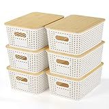 Ohmlove Plastic Storage Baskets With Bamboo Lid - Plastic Storage Containers Stackable Storage bins: Storage Baskets for Organizing Shelves Drawers Desktop Closet Playroom Classroom Office, 6 Pack