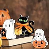 Cute Ghost Halloween Decorations Wood Indoor Set of 3, Spooky Black Cat Wooden Tiered Tray Decor Blocks Plank Signs for Indoor Party Home Windowsill Table Mantel Shelf Centerpieces Display