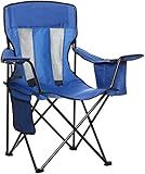 Amazon Basics Portable Camping Chair with 4-Can Cooler, Side Pocket, Cup Holder, and Carry Bag, Collapsible for Camping, Tailgates, Beach, and Sports, Large, Mesh Back, Blue