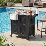 Outdoor Grill Cart with Stainless Steel Top, Outdoor Kitchen Island BBQ Prep Table, 2-Tier Storage Cabinet, Rolling Utility Station with Hanging Trash Bin, Wheels, Side Shelf for Patio, Yard, Picnic