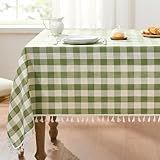 Veblandy Checkered Tablecloth Rectangle, Linen Cotton Gingham Table Cloth with Tassel, Washable Buffalo Plaid Table Cover Wrinkle Free for Kitchen, Dining and Picnic - 55 x 70 Inch, Sage Green