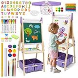 3-in-1 Kids Art Easel Set, Height Adjustable Magnetic Whiteboard & Chalkboard with Painting Paper Roll, Wooden Dual-Sided Art Station for Toddlers & Children Ages 3-8 (Art Supplies Included)