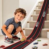 Flexible Race Track Toys for Kids, 15 Ft Flex Tracks Starter Set with Strong Suction Cups - Compatible with Hot Wheels and Diecast 1/64th Cars, Rolls up Portable Race Car Ramp Track (Red Black)