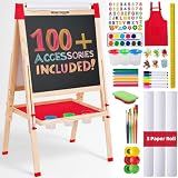 Blue Squid Art Easel for Kids with Paper Roll x 3, Includes 100+ Accessories, Double Sided Adjustable Wooden Painting Easel with Magnetic Chalk Board, White Board for Toddlers Ages 3,4,5,6,7,8,9,10,12