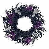 Halloween Wreath for Front Door, 20 Inch Creepy Wreath with Silver Spiders & Bats Purple Plants, Spooky Durable Hanging Decor for Indoor Outdoor Haunted House Party Decorations