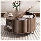 JOINICE,Round Coffee Table with Storage, 31.5" Fluted Center Table for Living Room, Modern Walnut Wood Circle Drum Table with Sliding Cabinet Door, Mid Century Furniture for Small Space