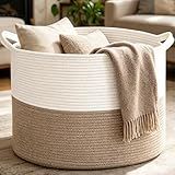 HZFTJOY Large Woven Blanket Basket,65L Cotton Rope Laundry Basket Hamper with Handles, Decorative Nursery Basket Storage Bin for Toys, Clothes Organizer, Living Room, Bedroom, Bathroom, White & Brown