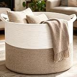 HZFTJOY Large Woven Blanket Basket,65L Cotton Rope Laundry Basket