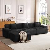Mvpipi 118" Modern L Shaped Modular Sectional Sofa, Boneless Cloud Couch with Ottoman, Oversized Corduroy Couch Deep Seat, 30D Sponge for Indoor Living Room, No Assembly Required(Black)