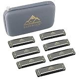 EASTROCK 10 Hole Blues Harmonica Set of 7 with Case C D E F G A Bb Key