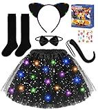 Teuevayl Black Cat Costume for Girls, 7 Pcs Kids Cat Costume with LED Light Up Tutu Skirt Cat Ears, Halloween Costumes for Girls Kids Ages 3-8