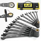 KJE 90-Teeth Metric 180° Flex-Head Ratcheting Wrench Set, Cr-V Steel, 12-Piece Metric 8-19mm Combination Wrenches set, Nickel Plating, with Organizer Bag, for Auto, Machine Repair, Father's Day Gift