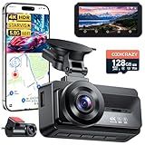 Coolcrazy 4K Dash Cam Front and Rear, STARVIS Sensor, Free 128GB Card Included, 5GHz WiFi-up to 20MB/s, Dual Dash Camera for Cars, Built-in GPS, G-Sensor, WDR/HDR Super Night Vision, 24H Parking Mode