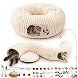 MOYMO Cat Tunnel Bed with 40 Pcs Interactive Cat Toys, Cat Tube with Kitten Toys for Indoor Kittens, Collapsible Play Tunnel, White