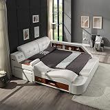 WAQINBR Multifunctional King Size Bed Frame, Modern Luxury Smart Bed with Massage Recliner/Music Speaker/USB Port/Storage Drawers, Adjustable Leather Upholstered Headboard, White