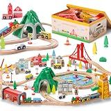 SainSmart Jr. 114PCS Wooden Train Set with Storage Box, Wood Train Track Set Compatible with Major Brands, Expandable Train Toys for 3-7 Years Old Girls & Boys, Great Birthday