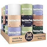 Betterway Bamboo Toilet Paper 3 Ply - Sustainable Toilet Tissue - 36 Long-Lasting Organic Rolls & 360 Sheets Per Roll - Septic Safe - Plastic & PFAS Free - FSC Certified