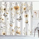 ZCHOMI Boho Floral Shower Curtain Tan Beige Floral Leaves Butterfly Shower Curtains for Bathroom Waterproof Polyester Fabric Bath Curtain 72 x 72 Inch with 12 Hooks
