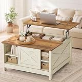 VASAGLE Farmhouse Coffee Table with Storage, Lift Top, Hidden Compartment