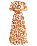 dowerme Womens Summer Dresses 2025 Casual Puff Short Sleeve V Neck Floral Boho Tiered Ruffle Maxi Dress with Pockets(White Orange Yellow,X-Large)