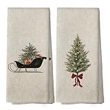 XPH Vintage Christmas Tree Kitchen Dish Towels Set of 2, Christmas Kitchen Gifts, Rustic Farmhouse Winter Xmas Sleigh Seasonal Hand Towels Tea Towel Decorations, 16x24inch