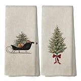XPH Vintage Christmas Tree Kitchen Dish Towels Set of 2, Christmas Kitchen Gifts, Rustic Farmhouse Winter Xmas Sleigh Seasonal Hand Towels Tea Towel Decorations, 16x24inch
