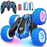 KKONES Remote Control Car, 2.4GHz Double Sided 360° Flips Rotating Electric Race RC Stunt Car, LED Wheel & Headlight High Speed Off Road Cars Toy Gift for 3 4 5 6 7 8-12 Year Old Boy Toys (Blue)