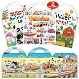 3-Pack Reusable Sticker Books for Toddlers 2-4 Years, Vehicles Truck, Animals & Farm Jelly Activity Stickers for Boys Girls Road Trip Airplane Train Travel Essentials Toy for Kids Birthday Gifts