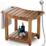 BLUEWEST 23.4 Inch Shower Bench with Storage Shelf, Natural Wood and Handle