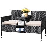 Devoko Outdoor Patio Loveseat Rattan 2-Seat Patio Conversation Set, Beige