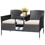 Devoko Outdoor Patio Loveseat Modern Rattan 2-Seat Patio Conversation Set with Cushions & Built-in Coffee Table Porch Furniture for Garden Lawn Backyard (Beige)