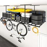 FLEXIMOUNTS 4x8 Overhead Garage Ceiling Storage Rack with 6 Hooks, Black