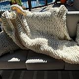 Luxury Super Chunky Knit Throw Blanket, Handmade Chenille Cable Knit Crochet Blanket 50x60, Soft Thick Chunky Yarn Knit Throw for Couch & Bed, No Shedding, Ivory/Cream Home Decor Gift