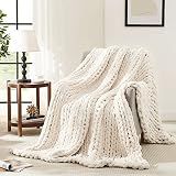 L'AGRATY Chunky Knit Throw Blanket for Couch, 50'' x 60'' Knit Throw, Ivory