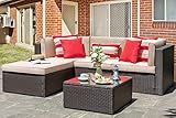 Vongrasig 5 Piece Patio Furniture Sets, Outdoor Patio Set Sectional Sofa, All-Weather PE Rattan Outdoor Couch with Ottoman, Glass Table for Garden, Backyard, Porch, Beige