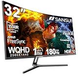 SANSUI 32-Inch Curved Gaming Monitor WQHD 2560 x 1440 180Hz Curved 1500R -Fast VA,1ms(OD), HDR, 300nits, sRGB 125%, DCI-P3 95%, FreeSync, DP1.4x2, HDMI x2(DP Cable Included)