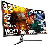 SANSUI 32-Inch Curved Gaming Monitor WQHD 2560 x 1440 180Hz Curved 1500R -Fast VA,1ms(OD), HDR, 300nits, sRGB 125%, DCI-P3 95%, FreeSync, DP1.4x2, HDMI x2(DP Cable Included)