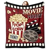 Zzkol Movie Night Flannel Throw Blanket, Popcorn Cinema Ticket Gifts for Adult Kids Women Men Movie Lover, Birthday Ideas for Home Film Theater Decor Supplies 50" x 60"