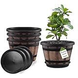 Quarut Plant Pots Set of 4 Pack 12 inch,Large Whiskey Barrel Planters with Drainage Holes & Saucer.Plastic Flower Pots Imitation Wine Barrel Design, for Indoor & Outdoor Garden Home Plants (Brown)