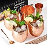 Airbin Moscow Mule Mugs, 4pcs Set of 16oz Copper Cups, Handcrafted Traditional Design, Gift Set with Straws, Spoon, Cleaning Brush & Shot Glass, Insulated, Reusable