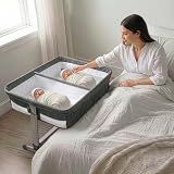 Simmons Kids By The Bed City Sleeper Bassinet for Twins - Adjustable Height Portable Crib with Wheels & Airflow Mesh, Grey Tweed