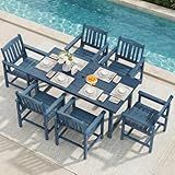 Mdeam 7-Piece HIPS Outdoor Dining Set, 66.9" Patio Table with Umbrella Hole, 440LBS Capacity, 6 Wider Chairs, Dining Table Set for 6, Indoor Outdoor Furniture with Galvanized Steel Frame, Navy Blue