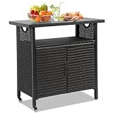 HOMEFUN Outdoor Bar Table Featuring Storage Cabinet: Wheeled Patio Serving Carts, Wicker Grill Cart Prep Station & Rolling Kitchen Island for Patio, Backyard and Outside Use, in Black