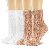 Sockswift Fuzzy Socks with Grips for Women Cozy Warm Winter Plush Non Slip Home Socks with Cable Knit Pattern 2 Pairs White,Khaki M
